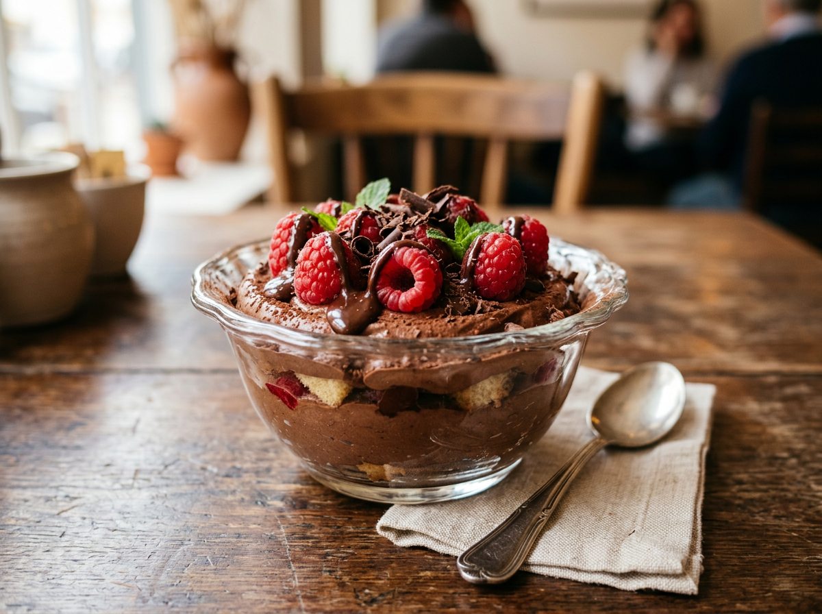 Glass bowl of chocolate mousse dessert with raspberries, chocolate shavings, and mint leaves