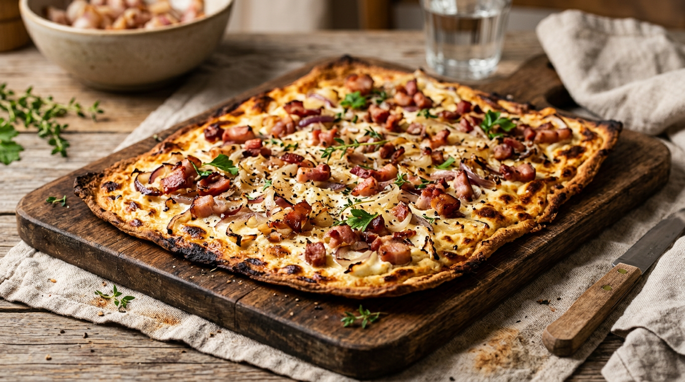 Golden flatbread topped with bacon, onions, cheese, and herbs