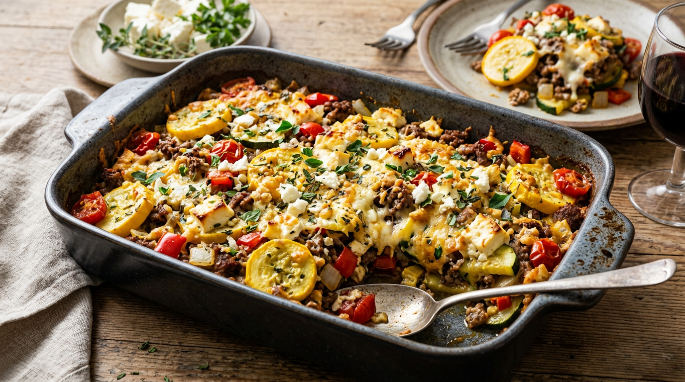 Baked casserole with ground beef, squash, tomatoes, peppers, zucchini, and feta