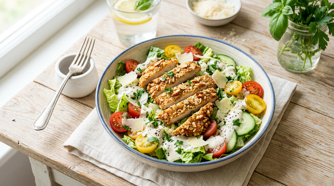 Bowl of salad topped with crispy chicken, tomatoes, cucumber, and creamy dressing
