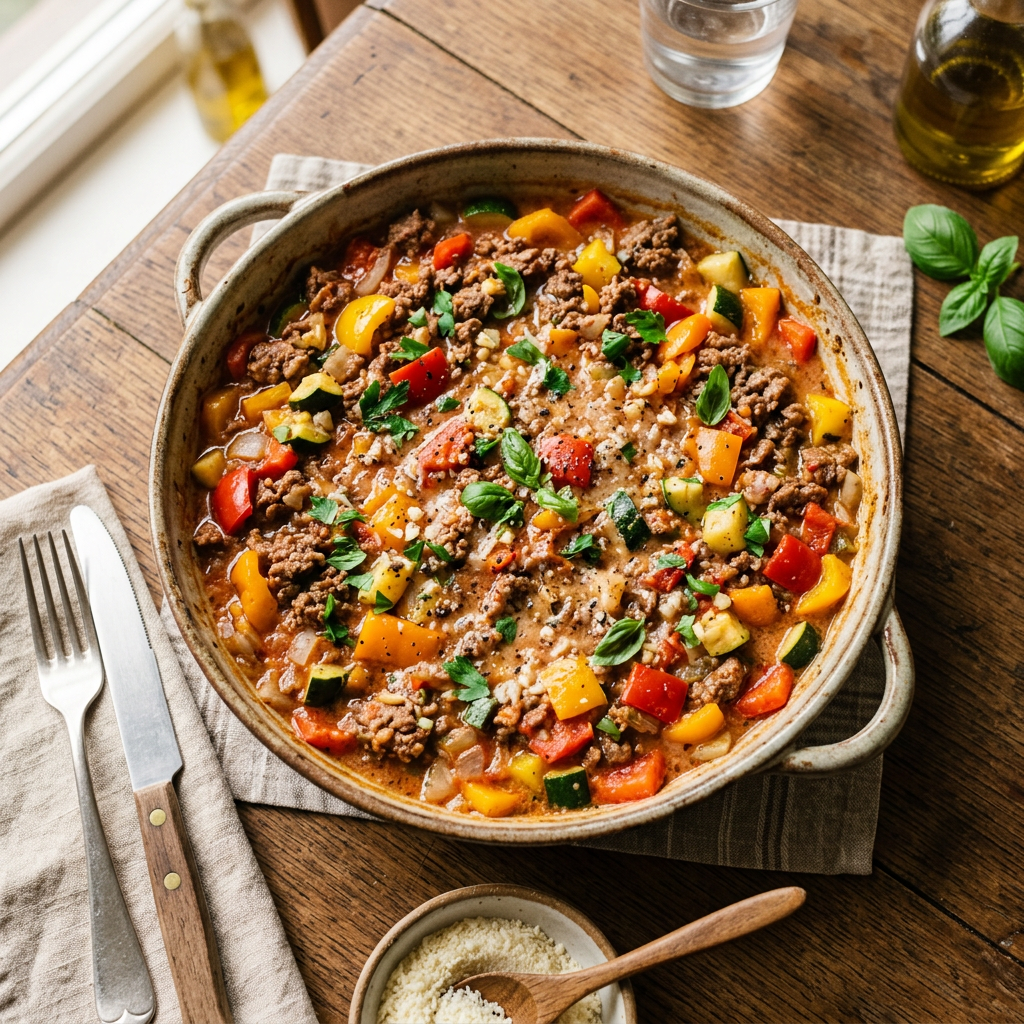 Skillet of ground beef with colorful peppers, zucchini, herbs, and melted cheese