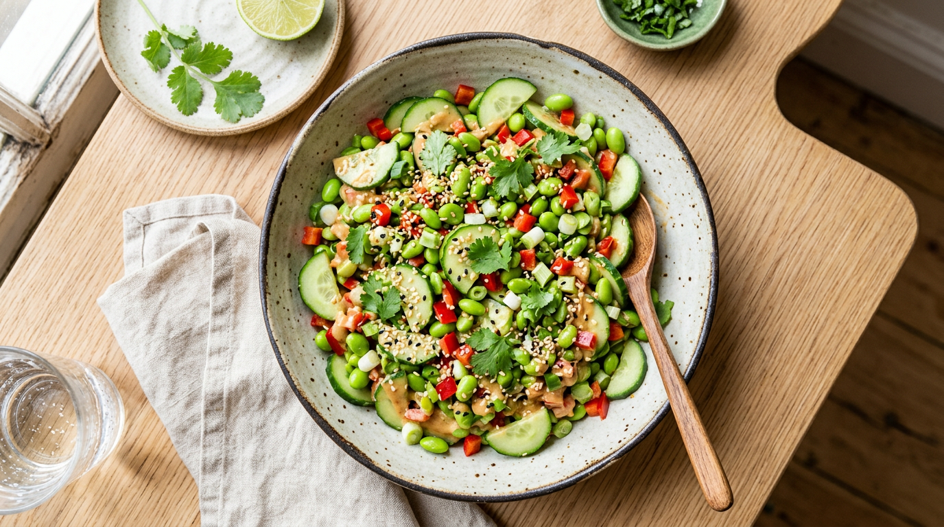 Crunchy Gurken-Edamame-Salat mit Erdnuss-Dressing