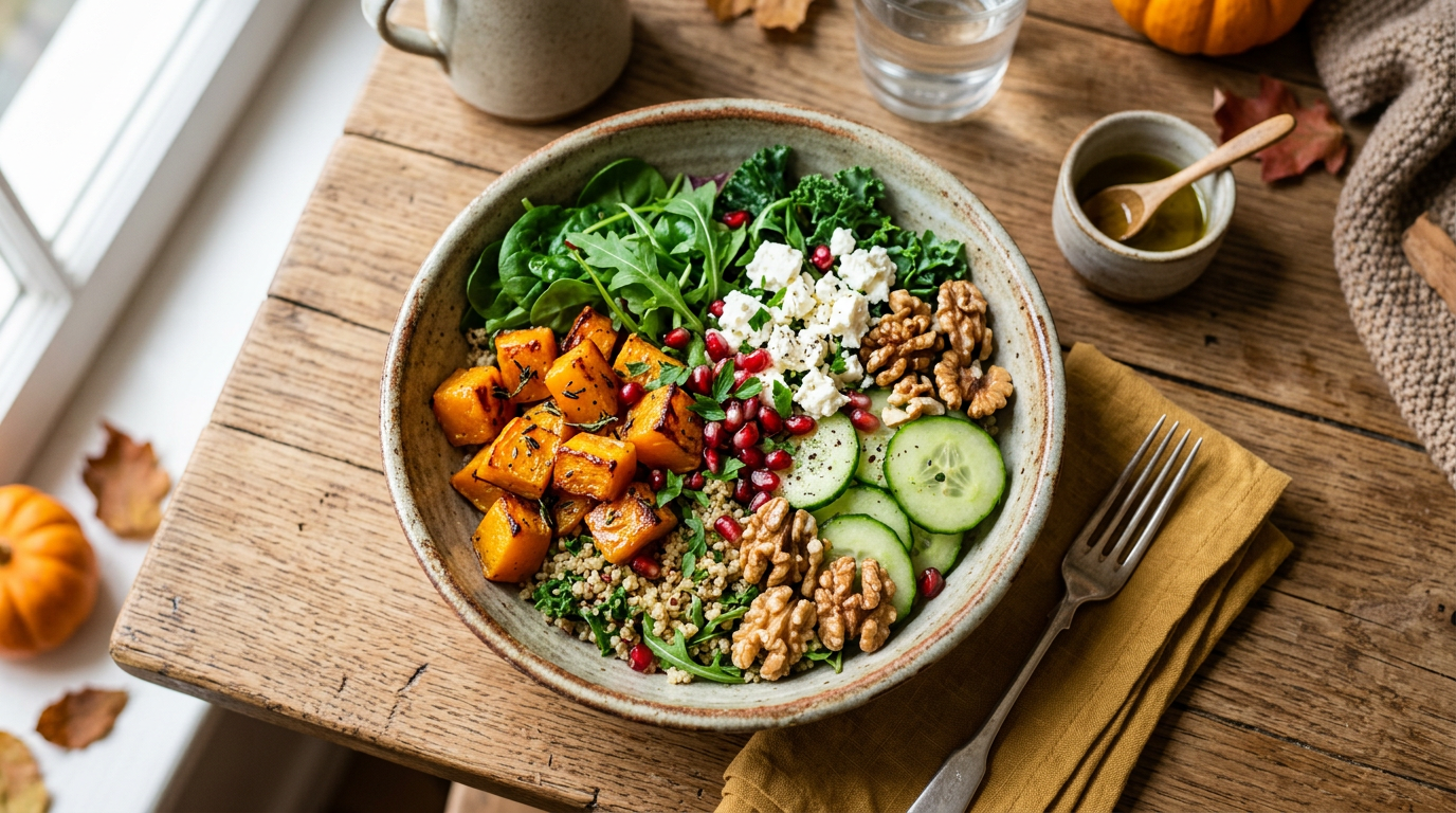 Herbst-Bowl mit Kürbis, Feta und Walnüssen