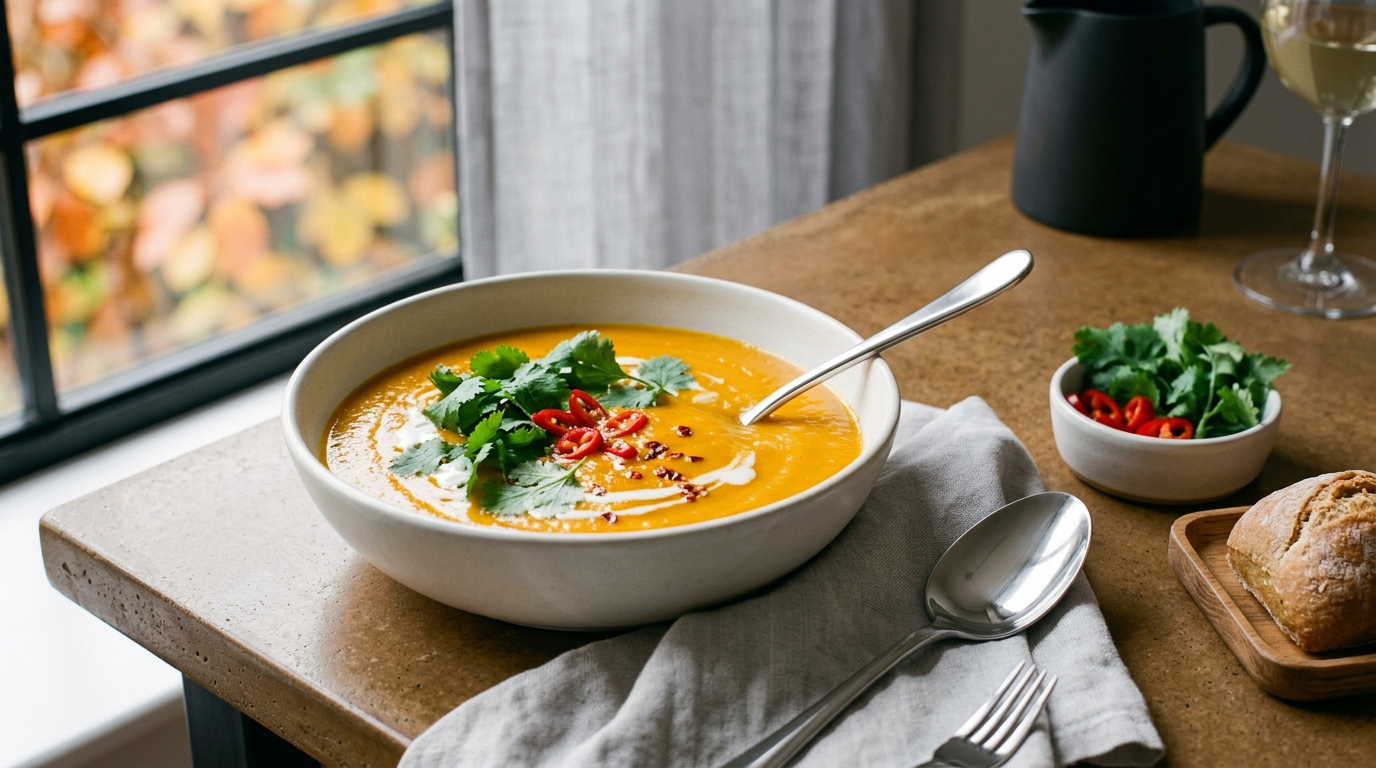 Thai-Kürbissuppe mit Kokosmilch und roter Currypaste